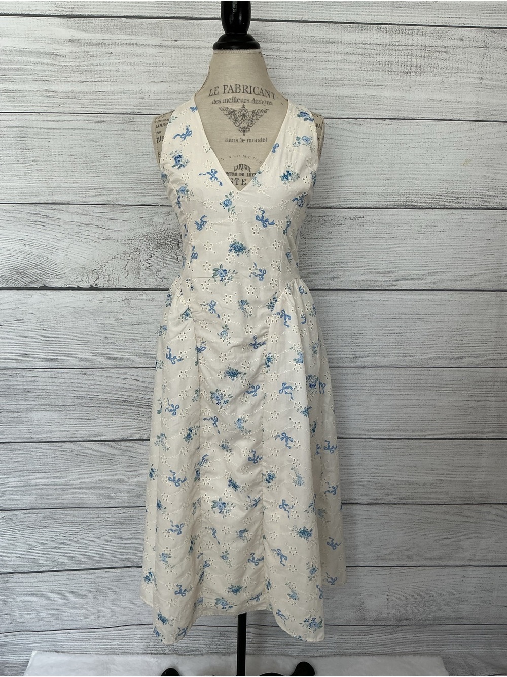 Thirty Thirty Halter White Eyelet Dress with Blue Floral and bow print